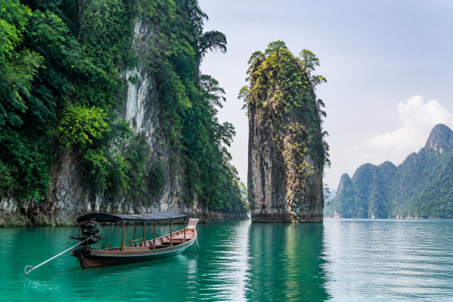 Cheow Lan Lake limestone cliffs and emerald water in Khao Sok