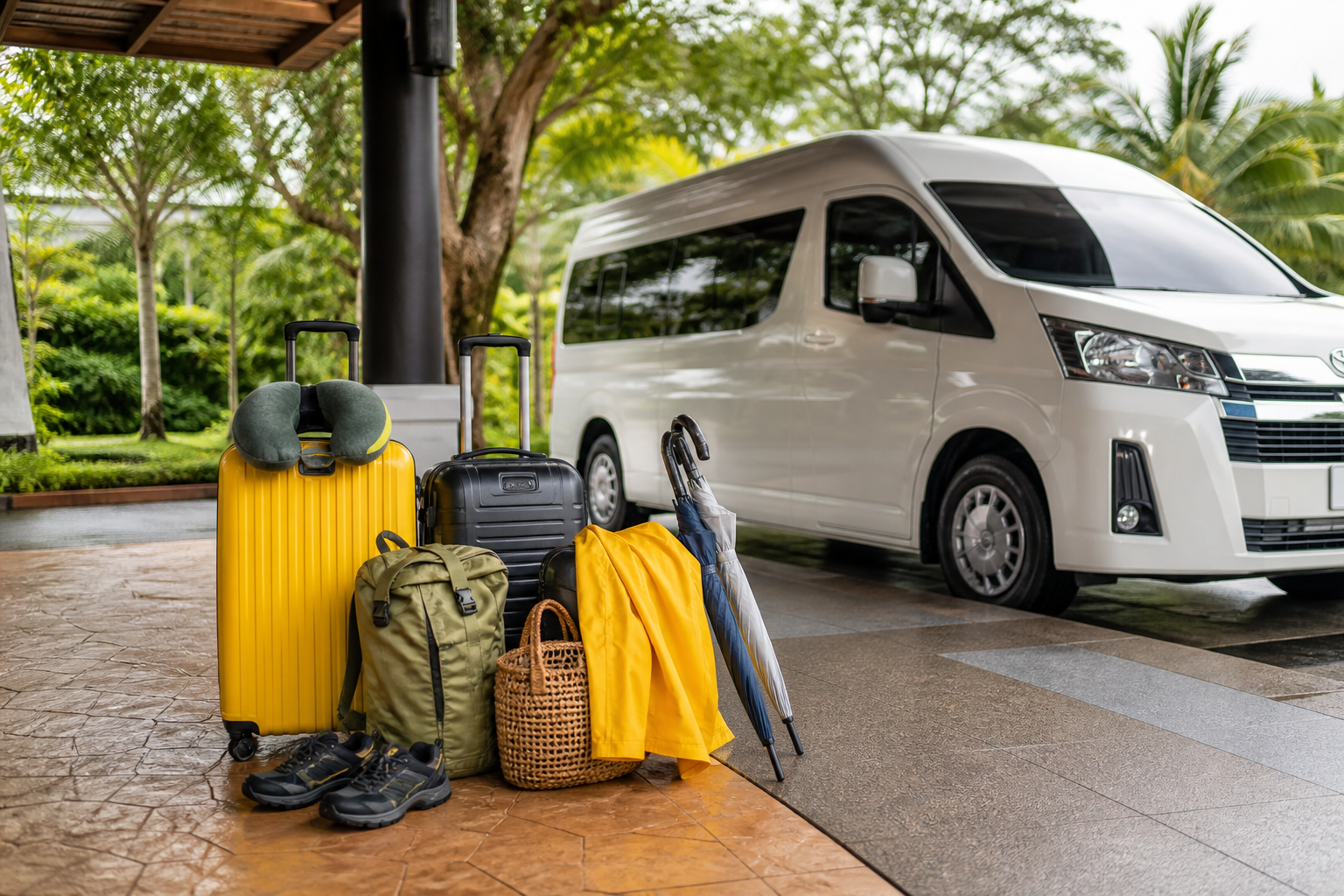 Luggage and rain gear beside a private van before a Khao Sok transfer
