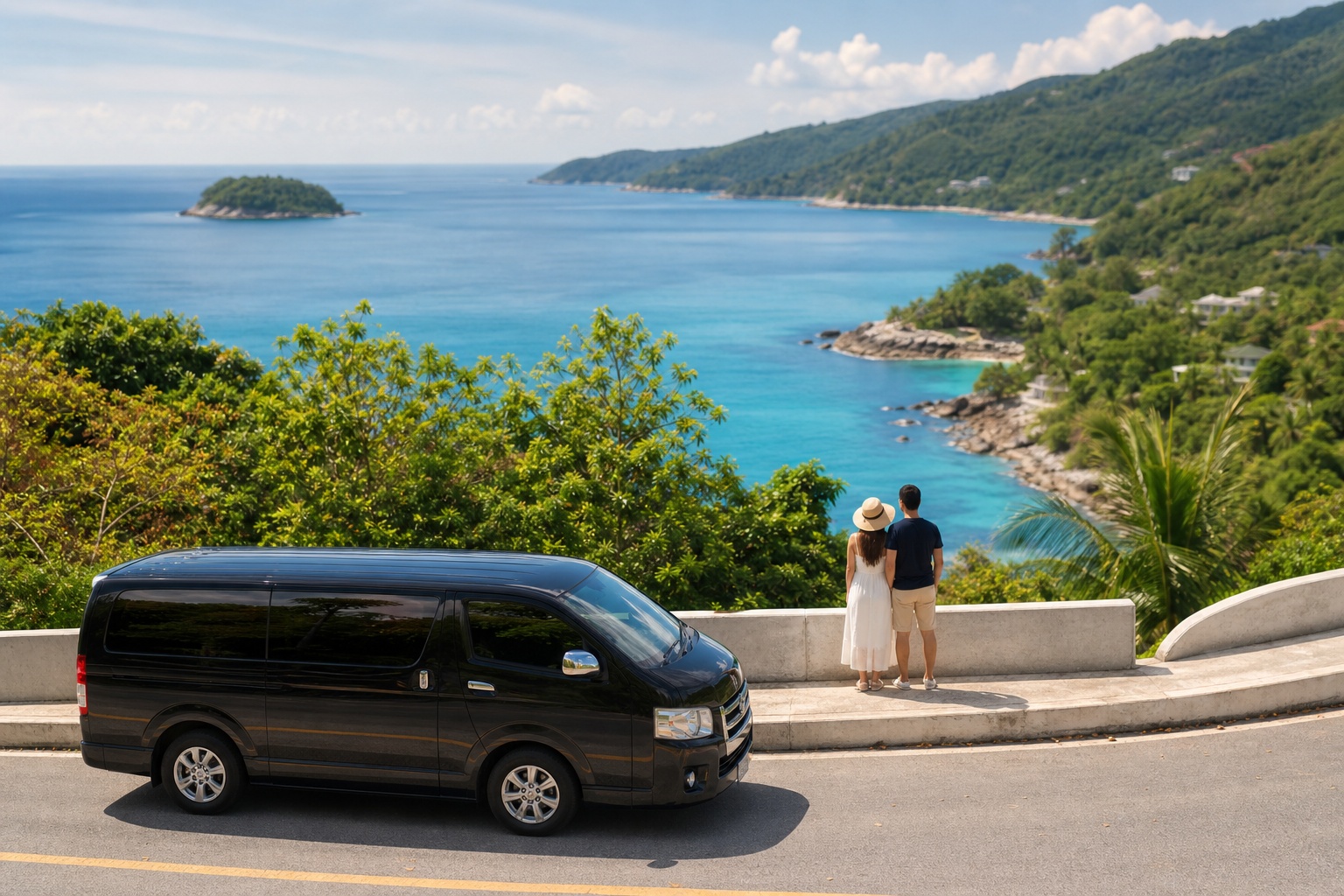 Phuket coastal viewpoint with sea and green hills on a private van route