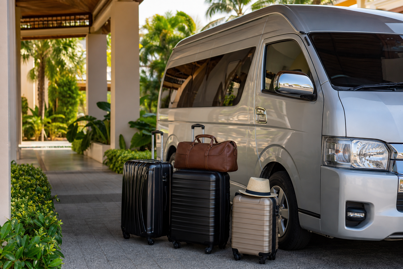 Hotel pickup luggage beside a private van during a Phuket route day