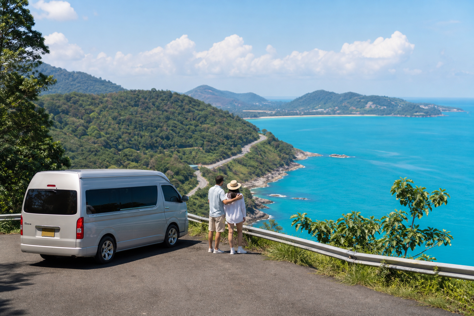 Phuket coastal viewpoint with sea and green hills on a private van route