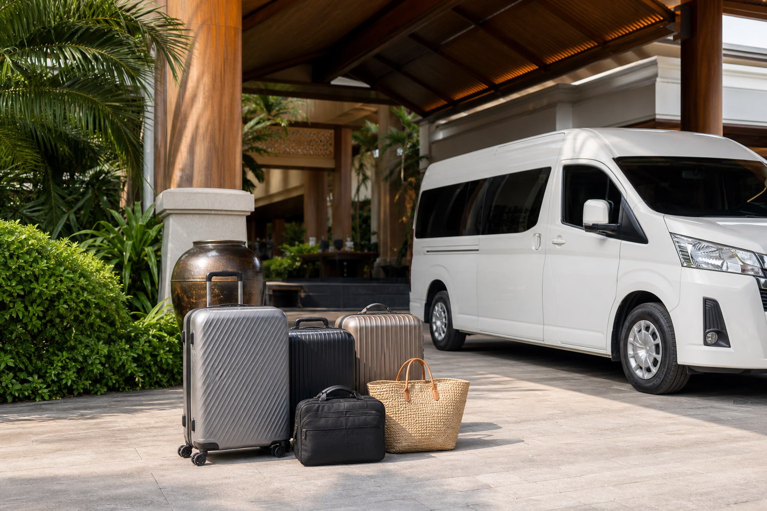 Hotel pickup luggage beside a private van during a Phuket route day