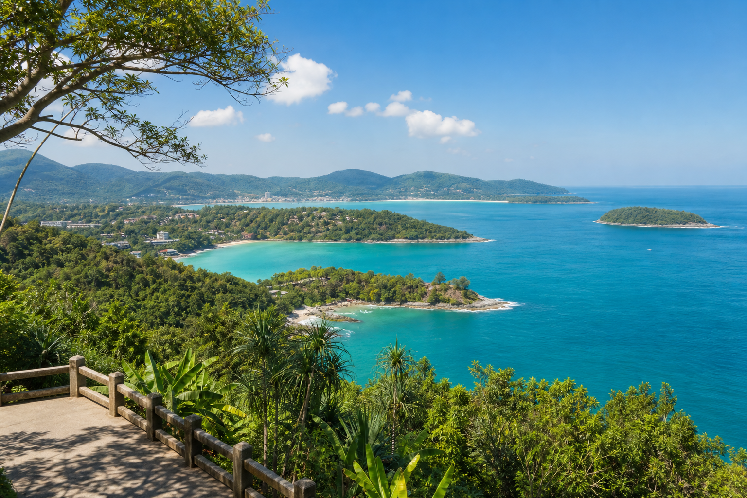 Phuket coastal viewpoint with sea and green hills on a private van route