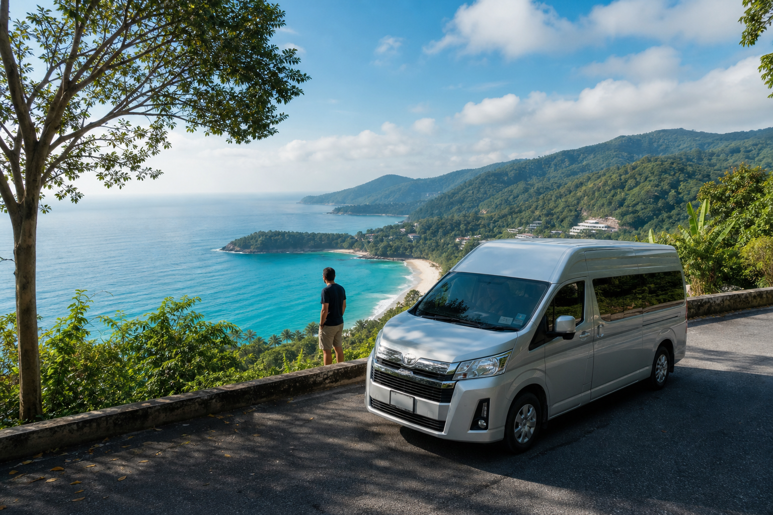 Phuket coastal viewpoint with sea and green hills on a private van route