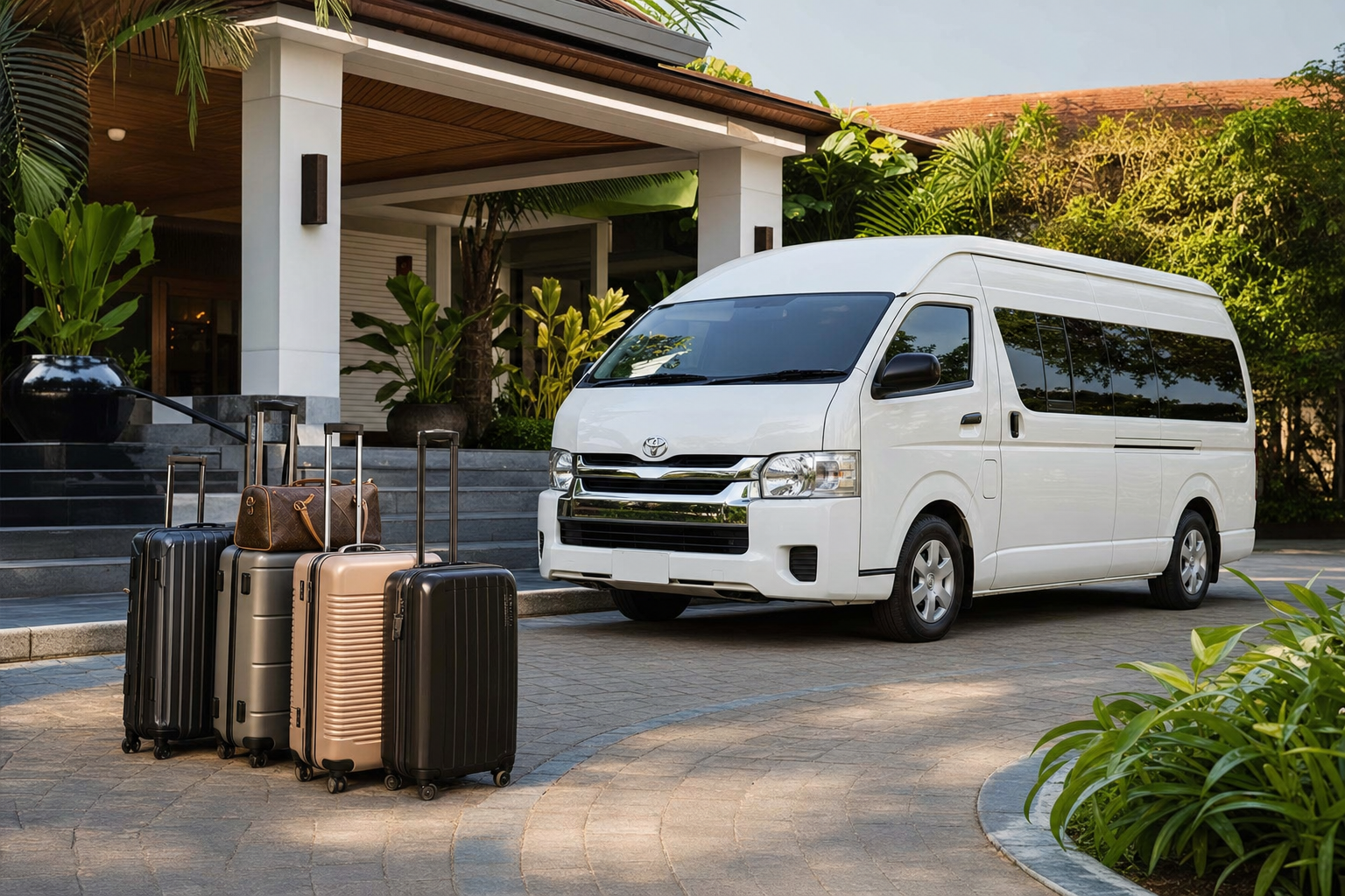 Hotel pickup luggage beside a private van during a Phuket route day