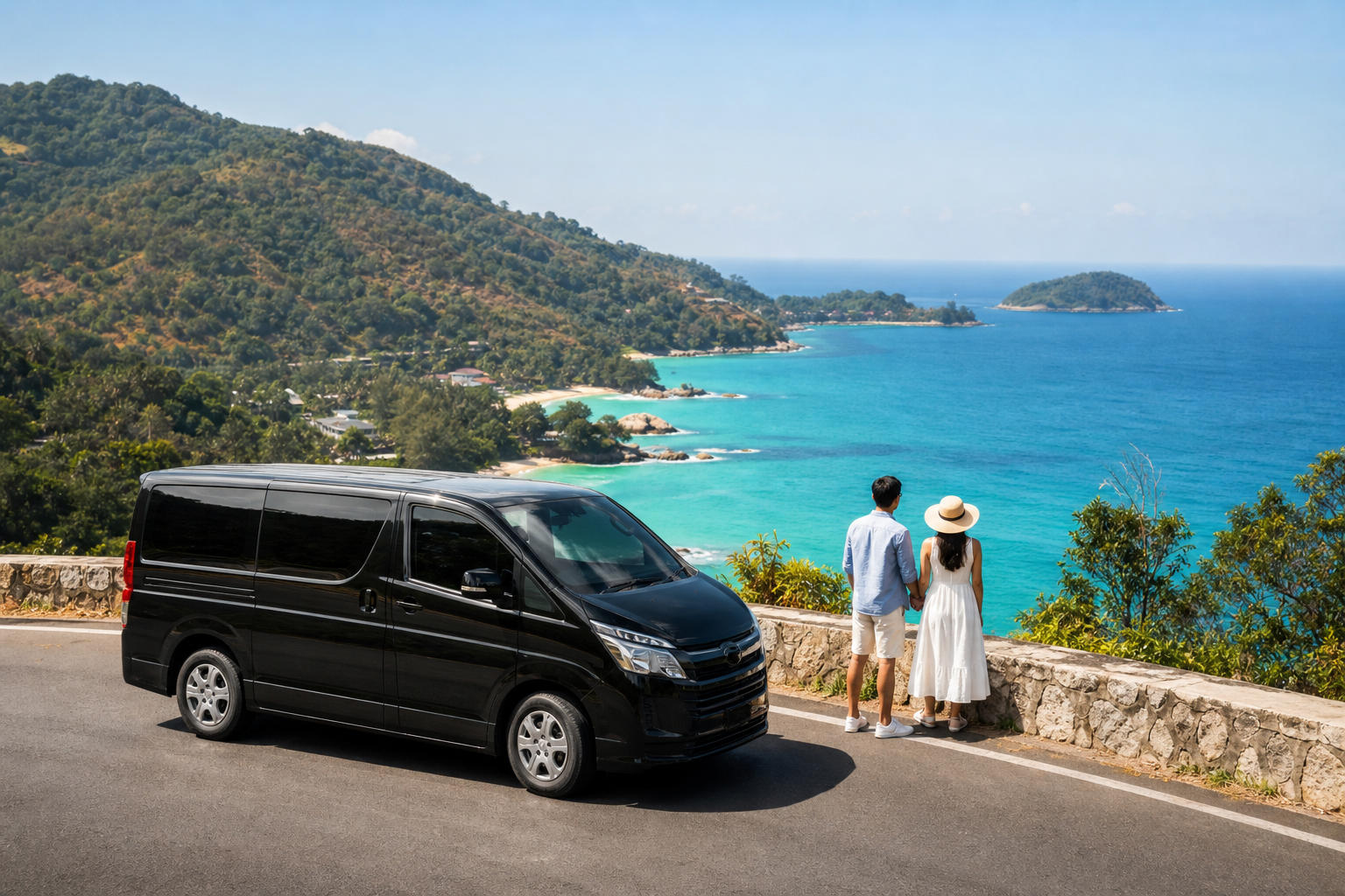 Phuket coastal viewpoint with sea and green hills on a private van route