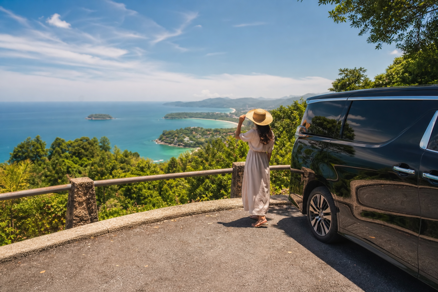 Phuket coastal viewpoint with sea and green hills on a private van route