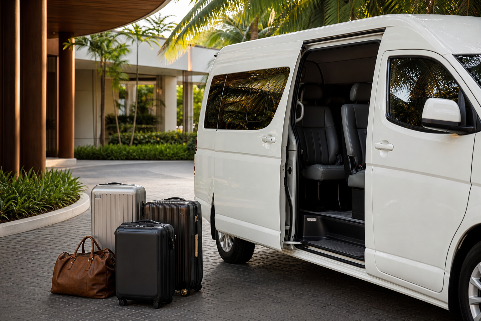 Hotel pickup luggage beside a private van during a Phuket route day