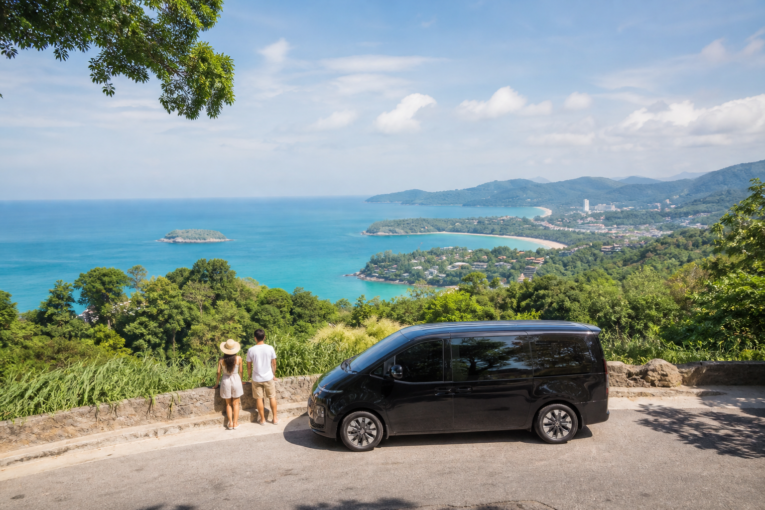 Phuket coastal viewpoint with sea and green hills on a private van route