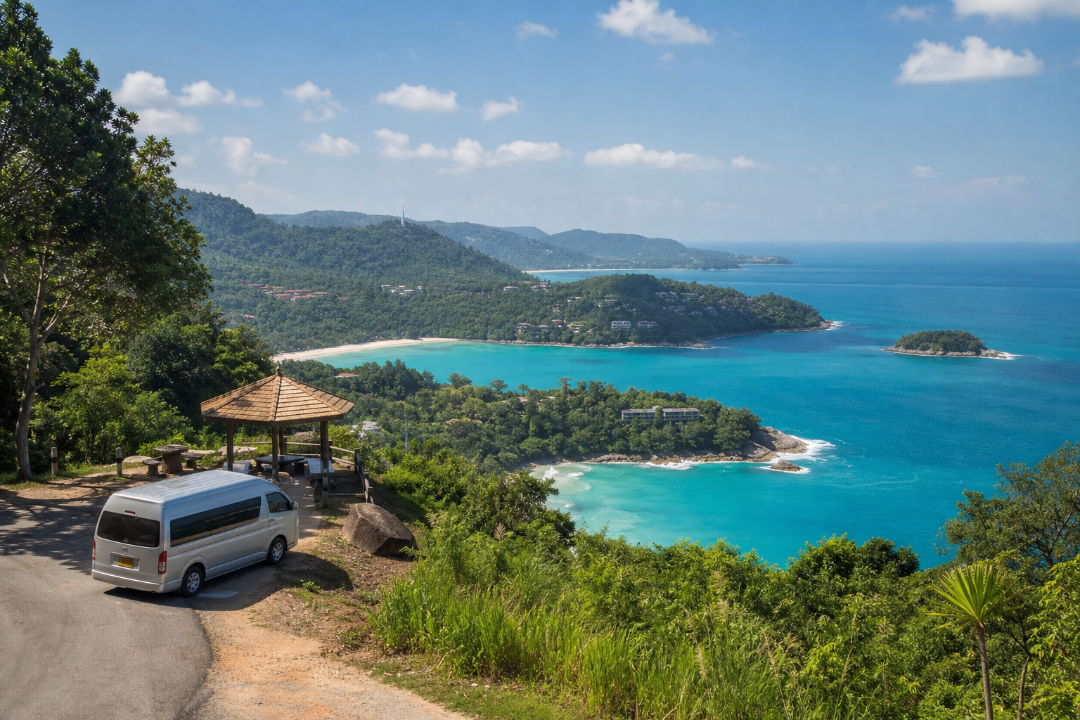 Phuket coastal viewpoint with sea and green hills on a private van route