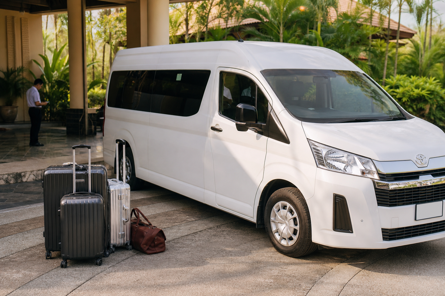 Hotel pickup luggage beside a private van during a Phuket route day