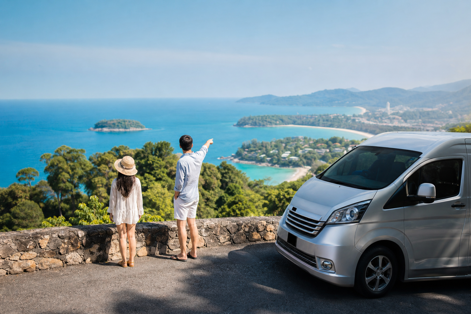 Phuket coastal viewpoint with sea and green hills on a private van route