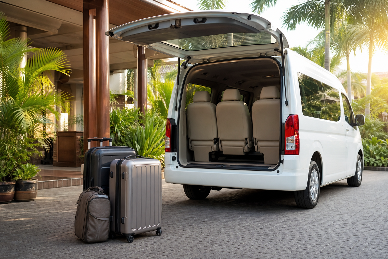 Hotel pickup luggage beside a private van during a Phuket route day