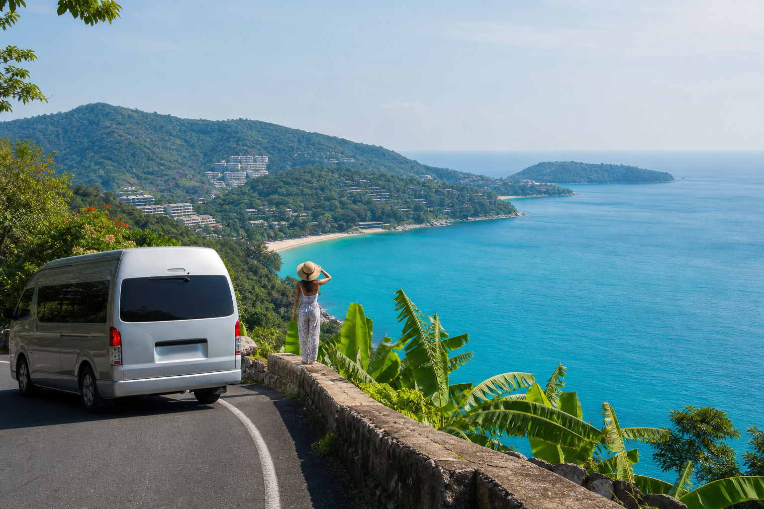 Phuket coastal viewpoint with sea and green hills on a private van route
