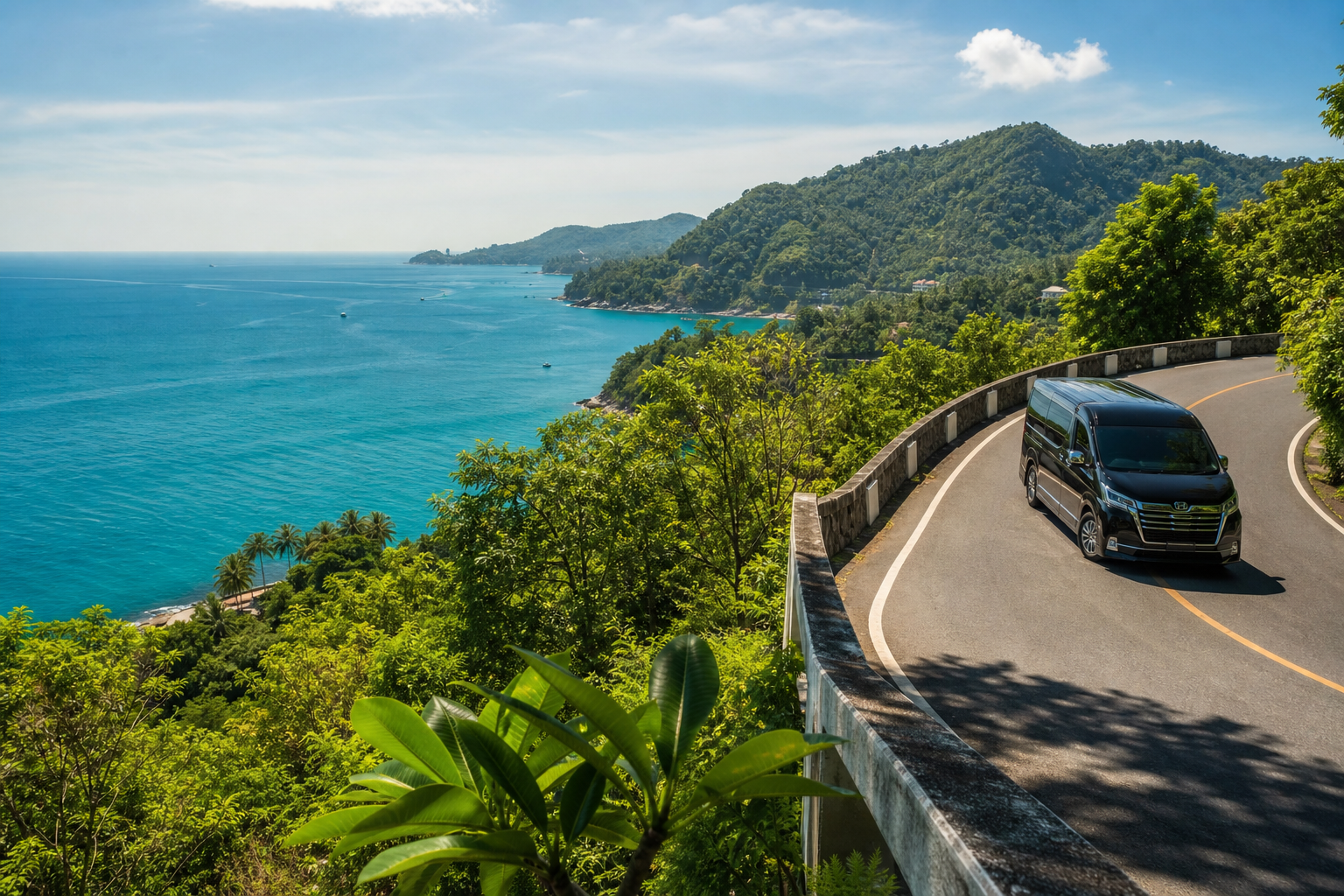 Phuket coastal viewpoint with sea and green hills on a private van route