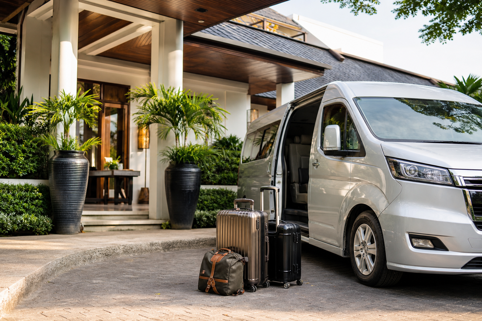 Hotel pickup luggage beside a private van during a Phuket route day