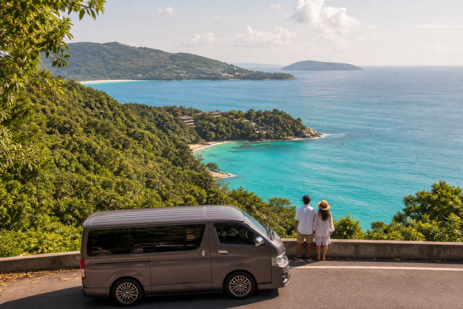 Phuket coastal viewpoint with sea and green hills on a private van route