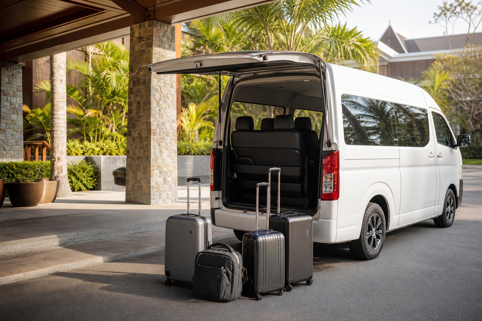 Hotel pickup luggage beside a private van during a Phuket route day