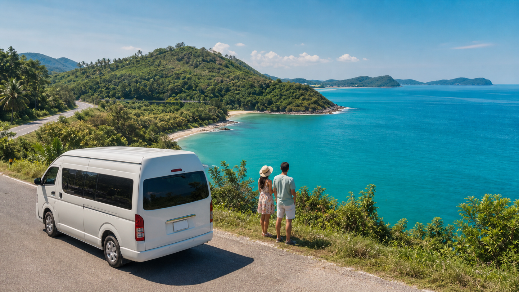 Phuket coastal viewpoint with sea and green hills on a private van route