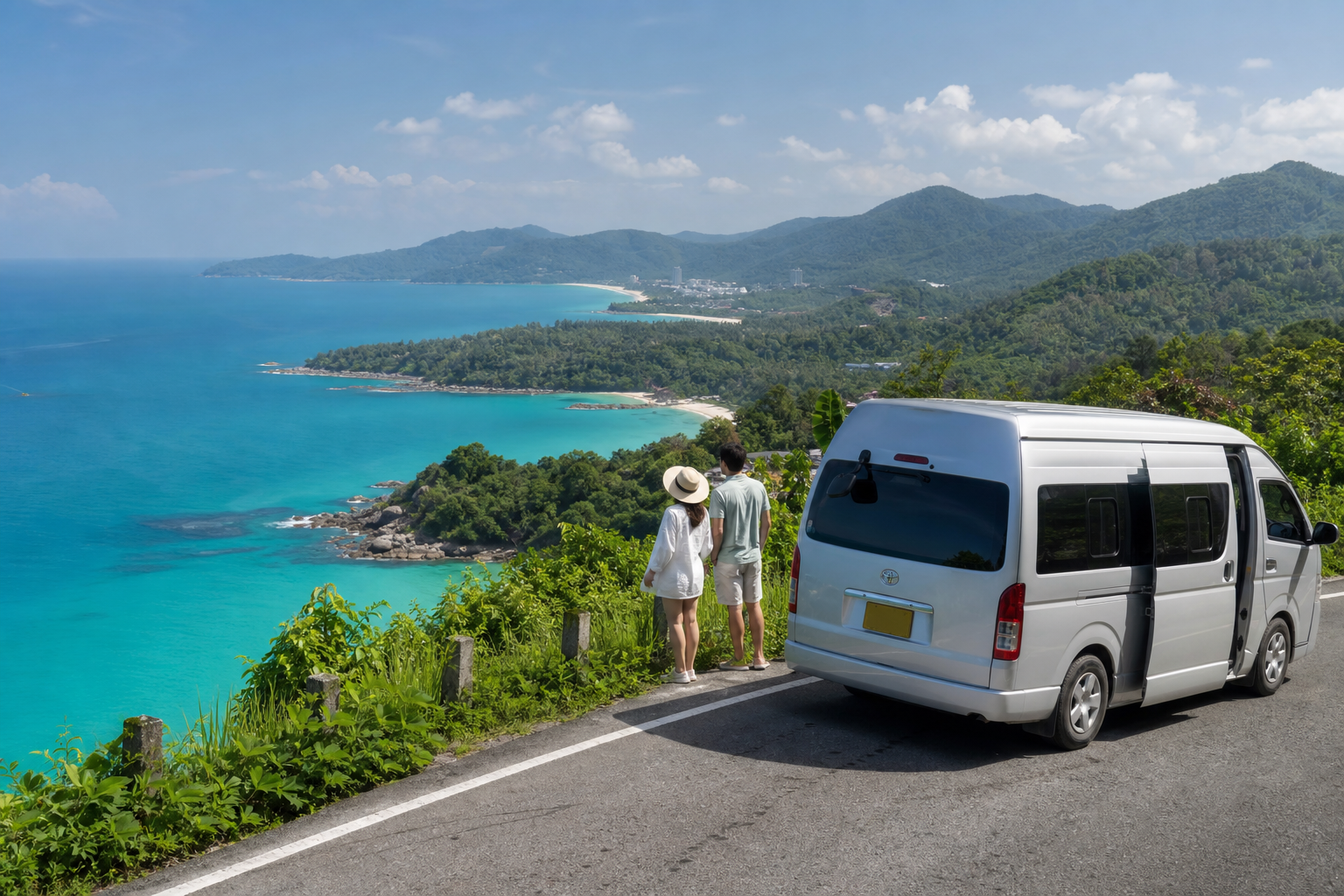 Phuket coastal viewpoint with sea and green hills on a private van route