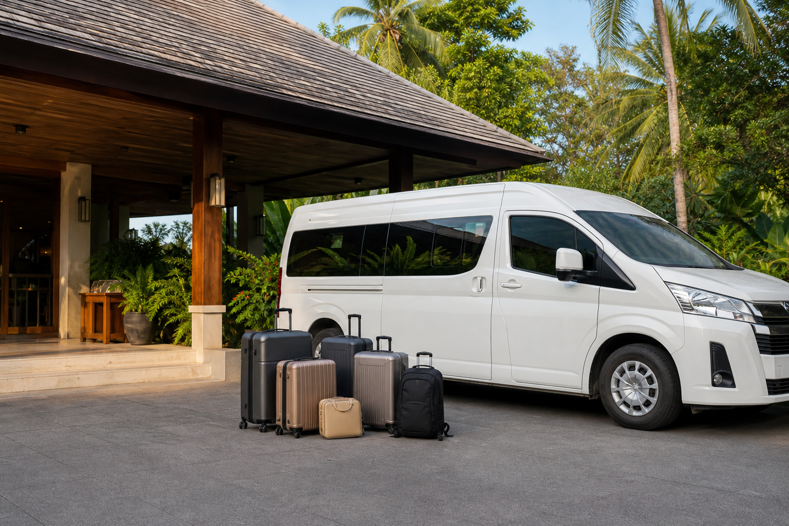 Hotel pickup luggage beside a private van during a Phuket route day
