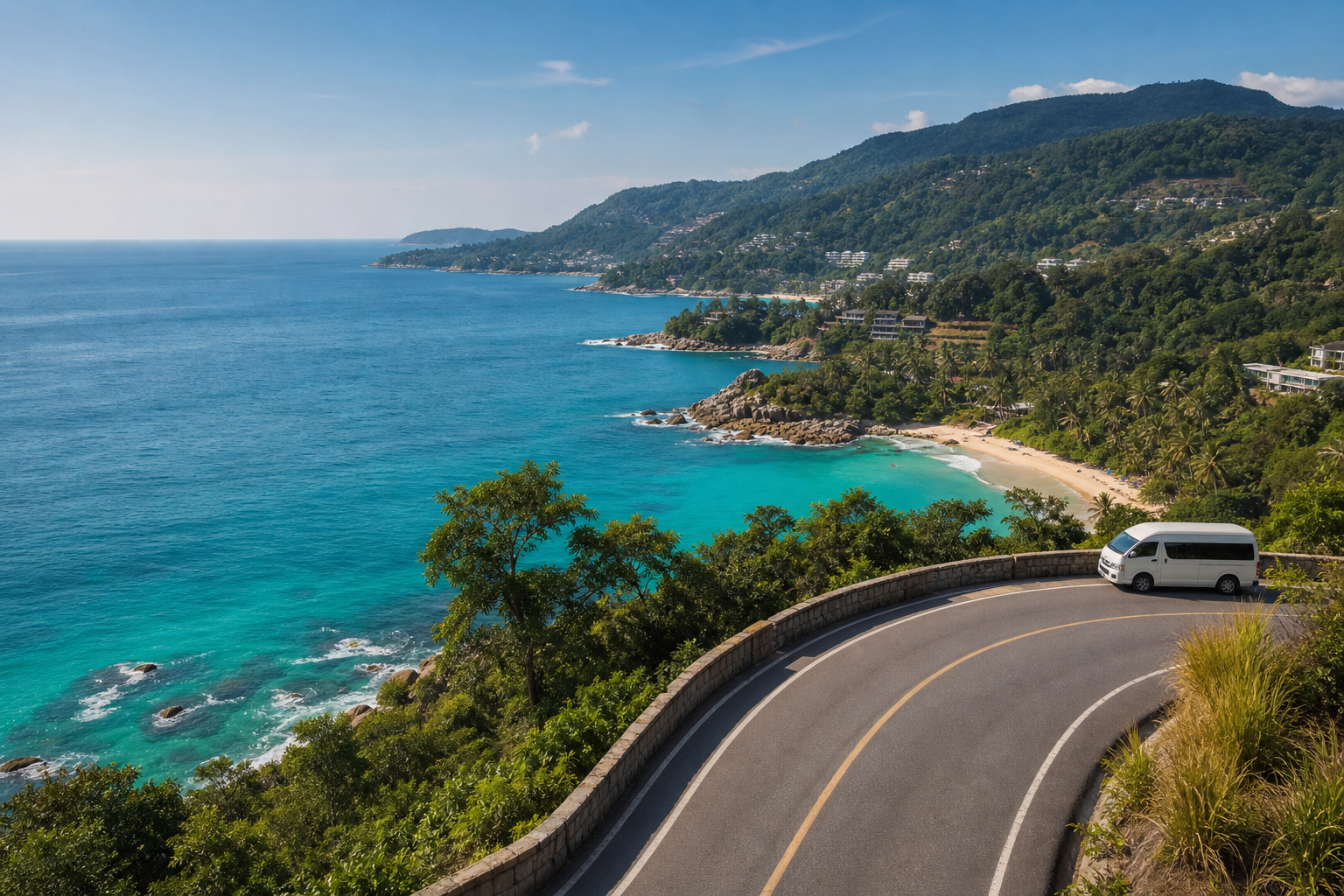 Phuket coastal viewpoint with sea and green hills on a private van route