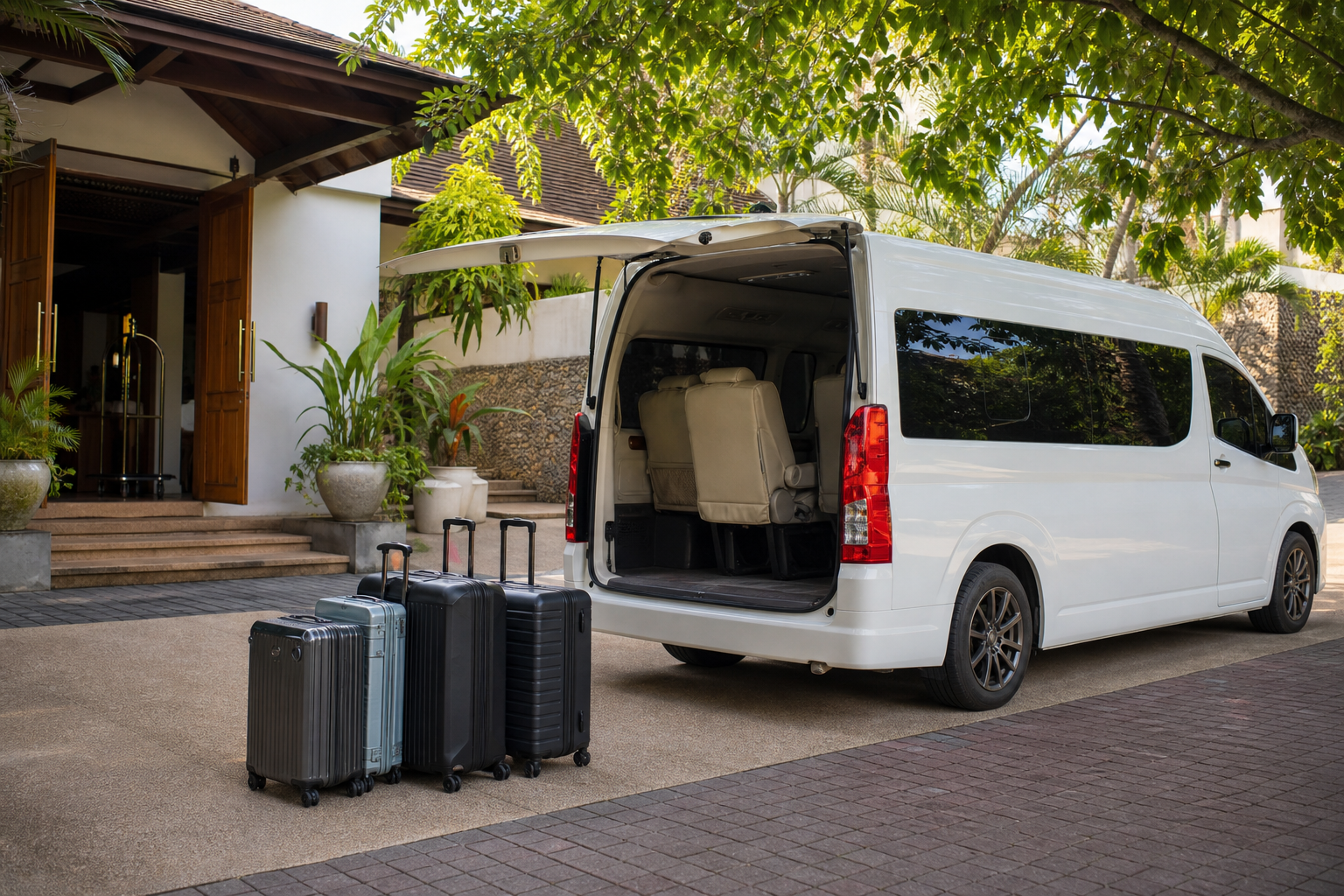 Hotel pickup luggage beside a private van during a Phuket route day