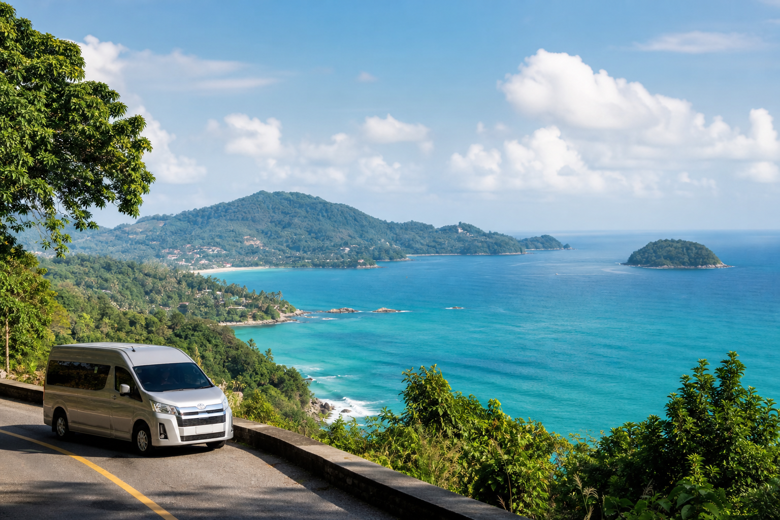 Phuket coastal viewpoint with sea and green hills on a private van route