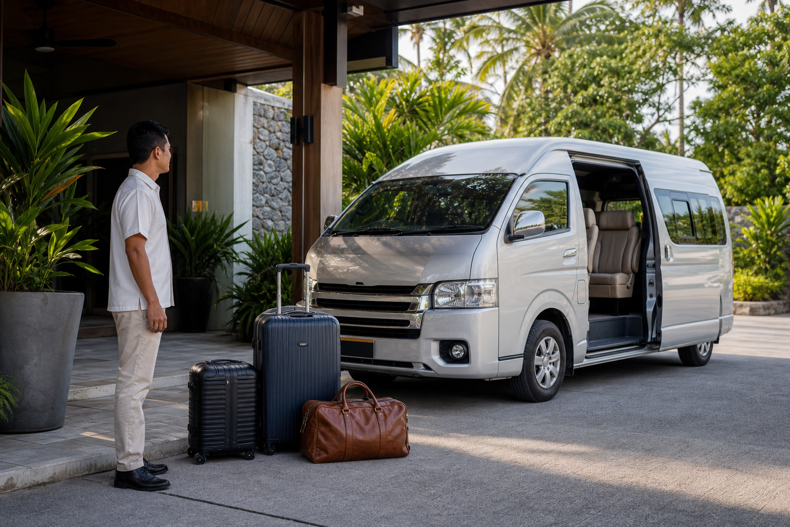 Hotel pickup luggage beside a private van during a Phuket route day