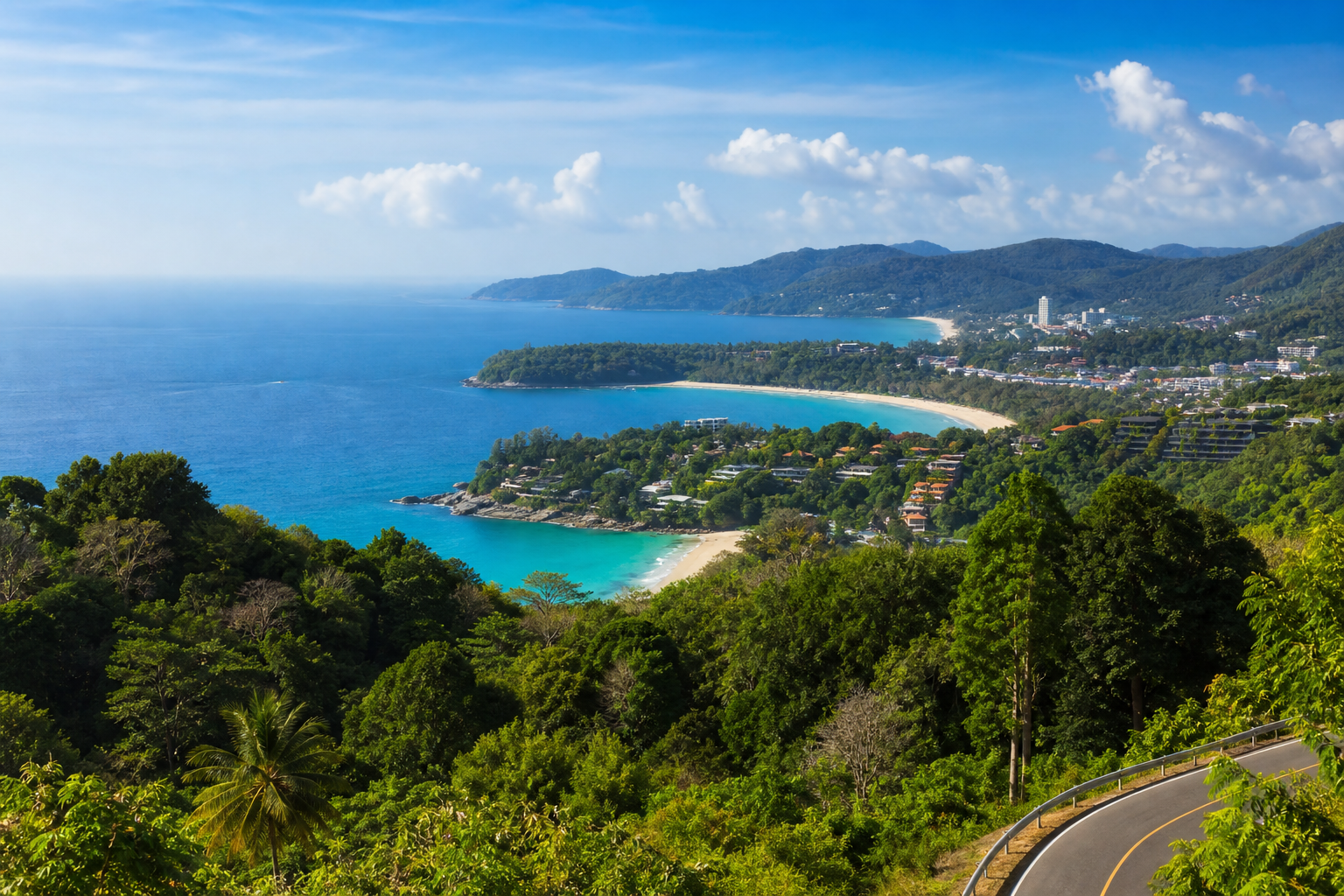 Phuket coastal viewpoint with sea and green hills on a private van route