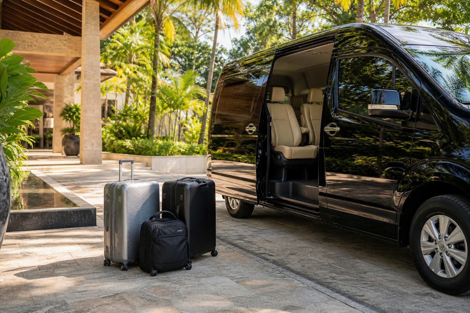 Hotel pickup luggage beside a private van during a Phuket route day