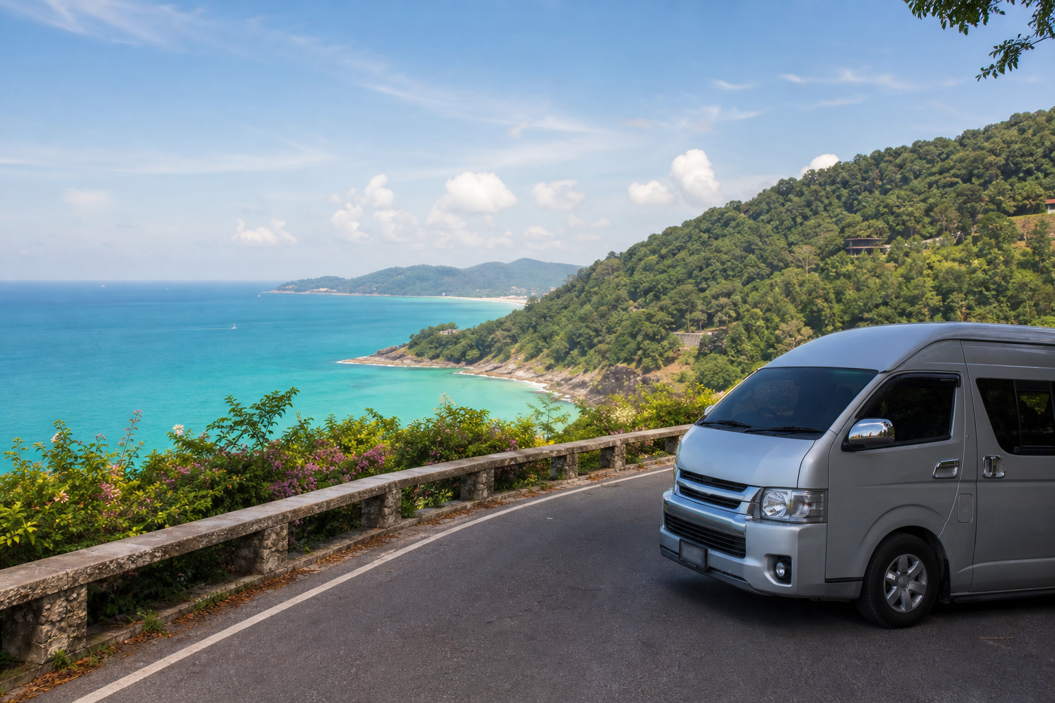 Phuket coastal viewpoint with sea and green hills on a private van route
