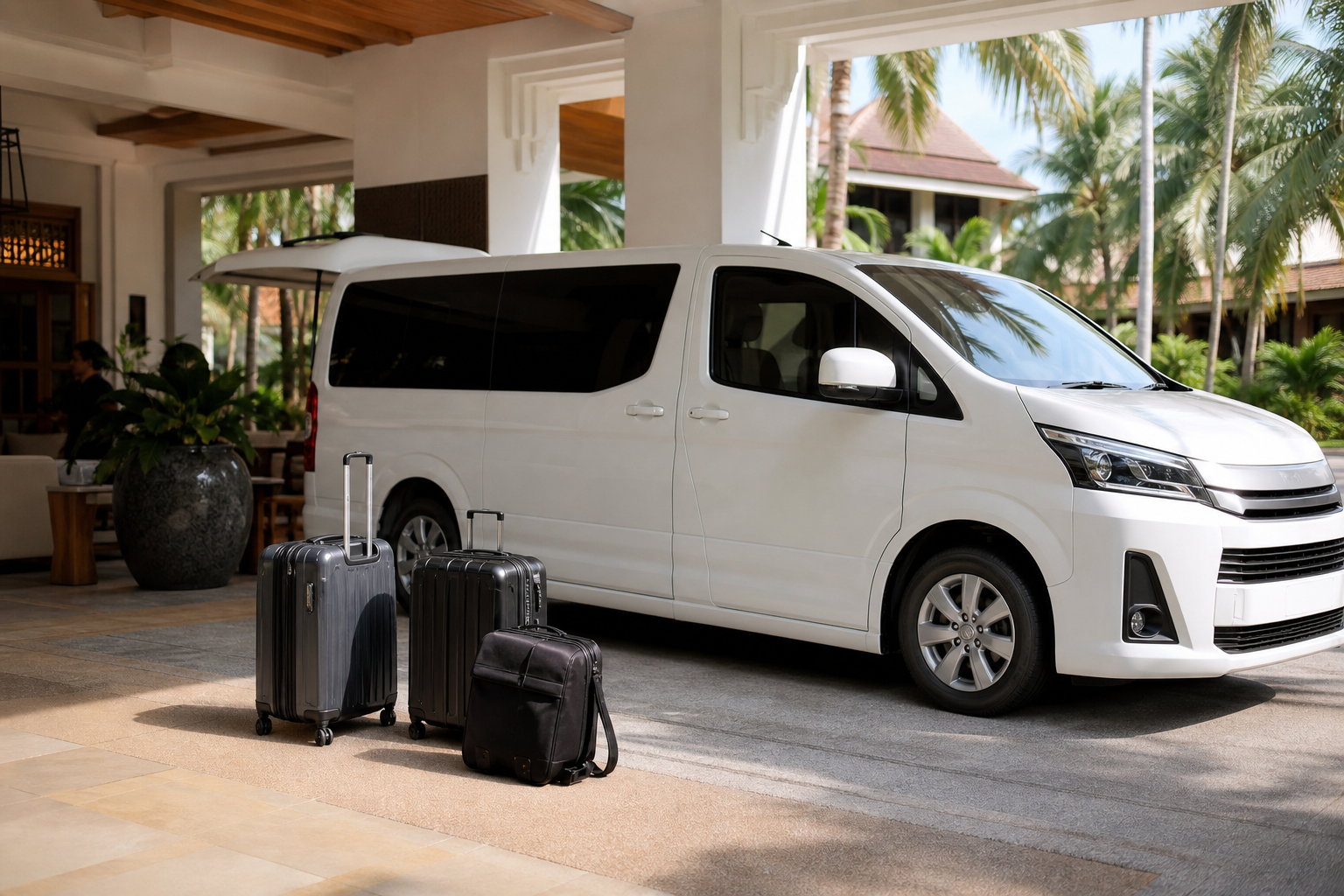 Hotel pickup luggage beside a private van during a Phuket route day