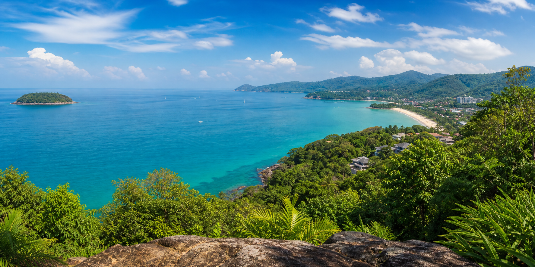 Phuket coastal viewpoint with sea and green hills on a private van route