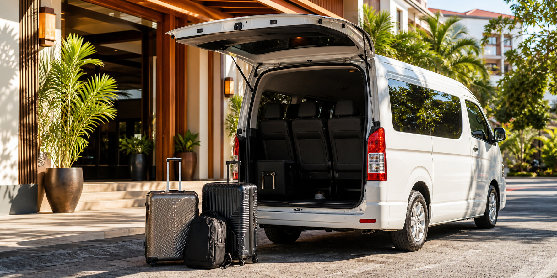 Hotel pickup luggage beside a private van during a Phuket route day