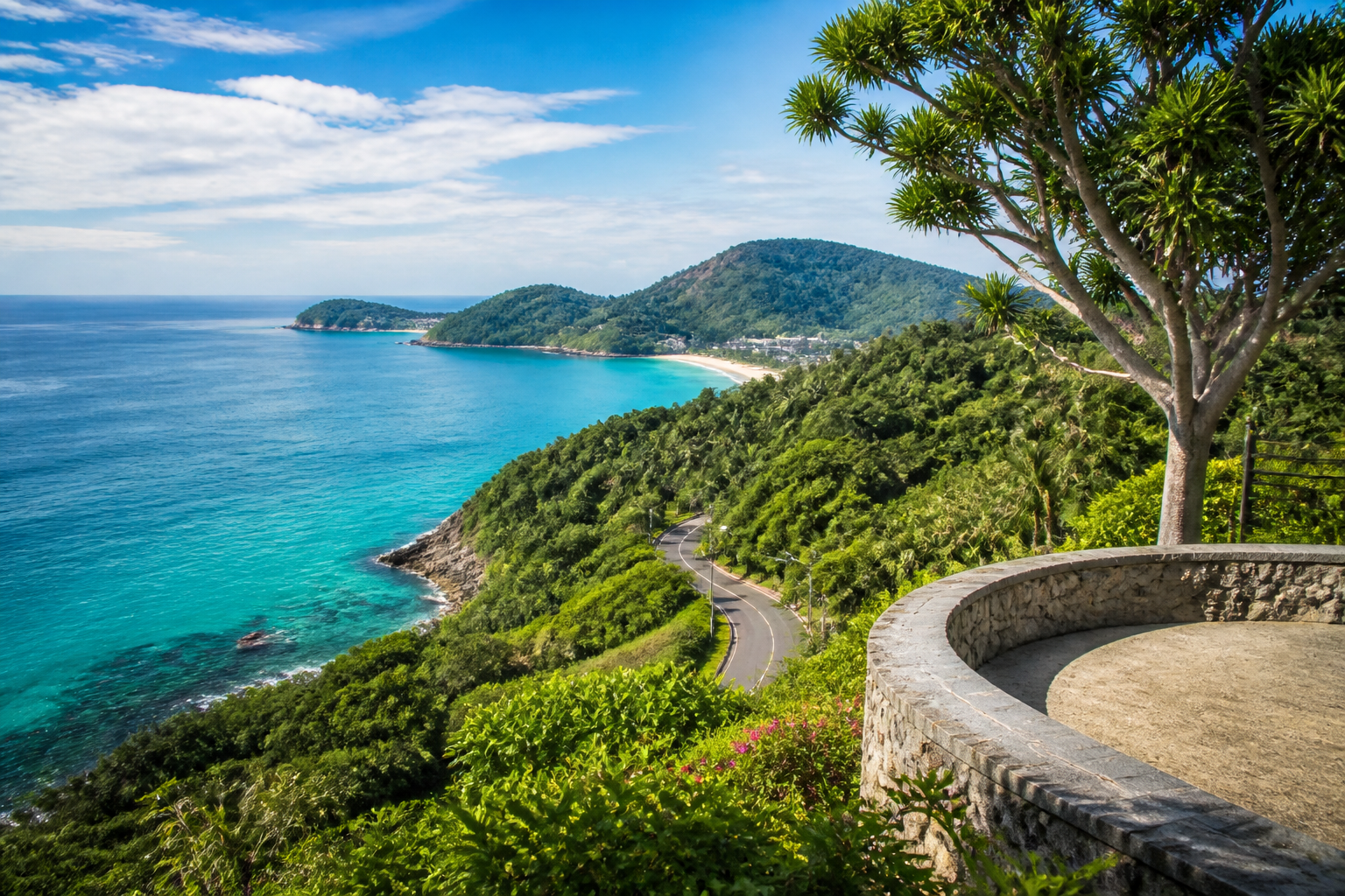 Phuket coastal viewpoint with sea and green hills on a private van route