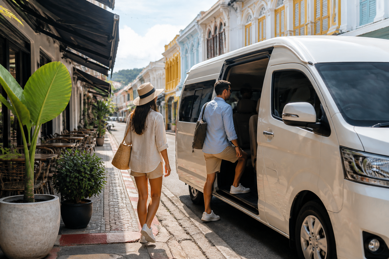 Travelers returning to a private van during a relaxed Phuket route