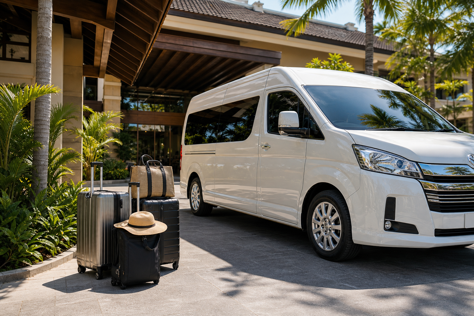 Hotel pickup luggage beside a private van during a Phuket route day