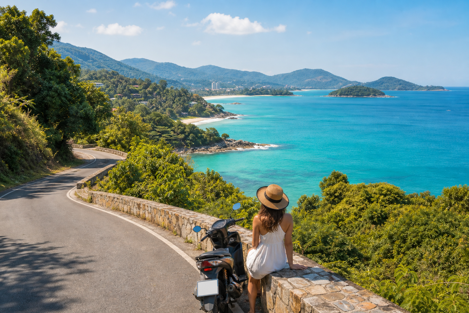 Phuket coastal viewpoint with sea and green hills on a private van route