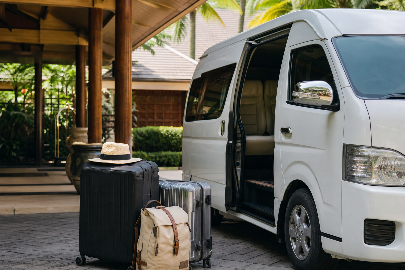 Hotel pickup luggage beside a private van during a Phuket route day