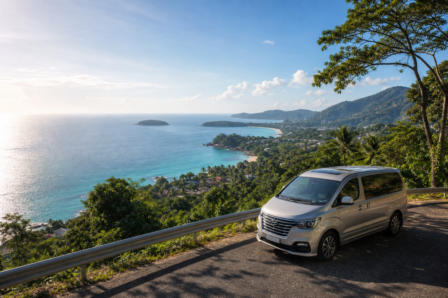 Phuket coastal viewpoint with sea and green hills on a private van route