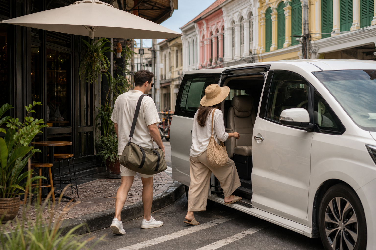 Travelers returning to a private van during a relaxed Phuket route
