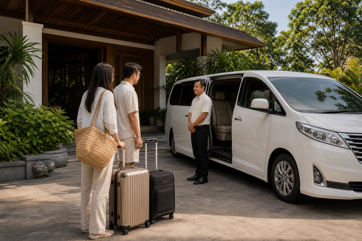 Hotel pickup luggage beside a private van during a Phuket route day