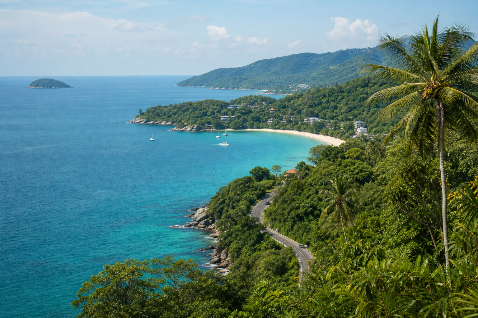 Phuket coastal viewpoint with sea and green hills on a private van route