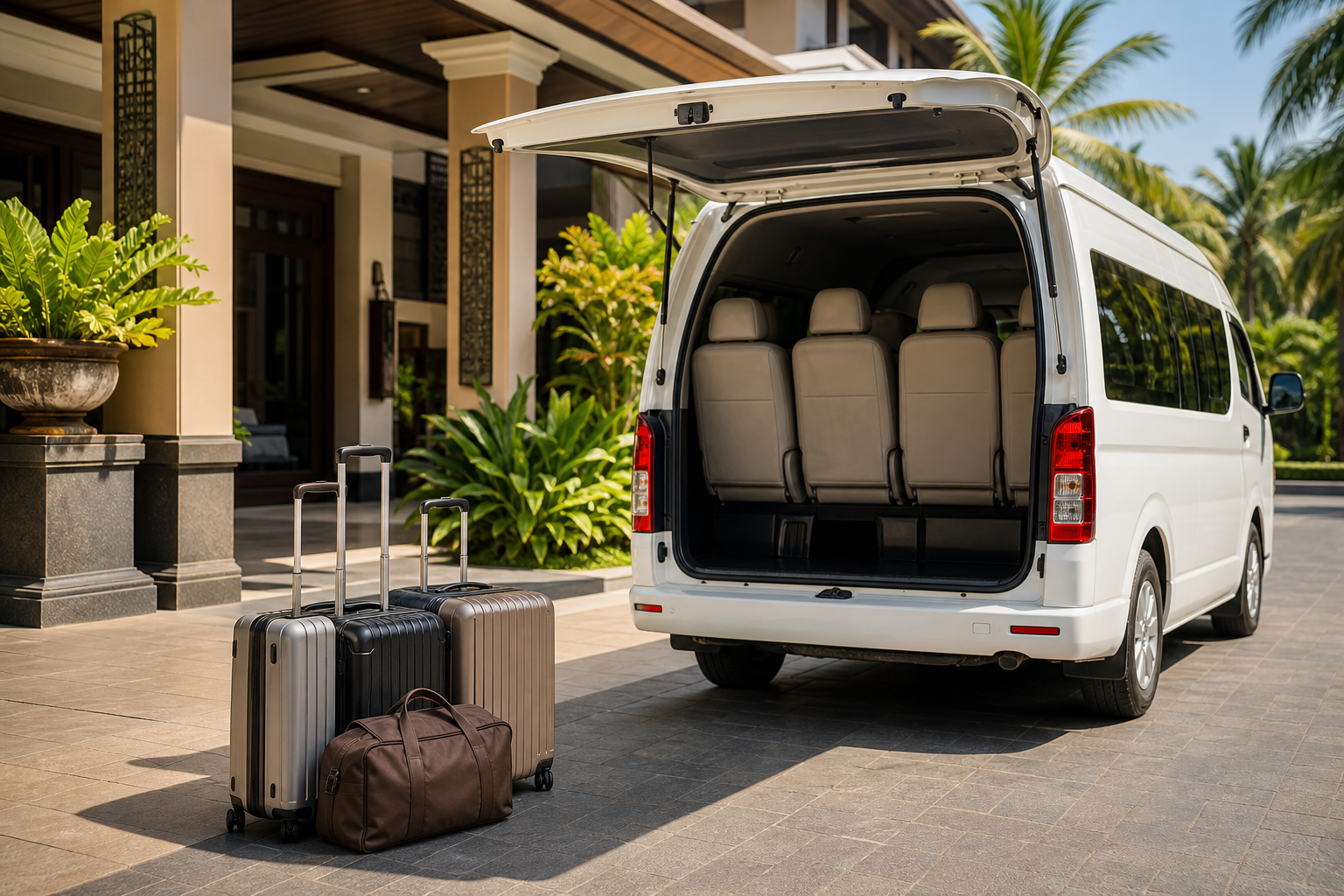 Hotel pickup luggage beside a private van during a Phuket route day