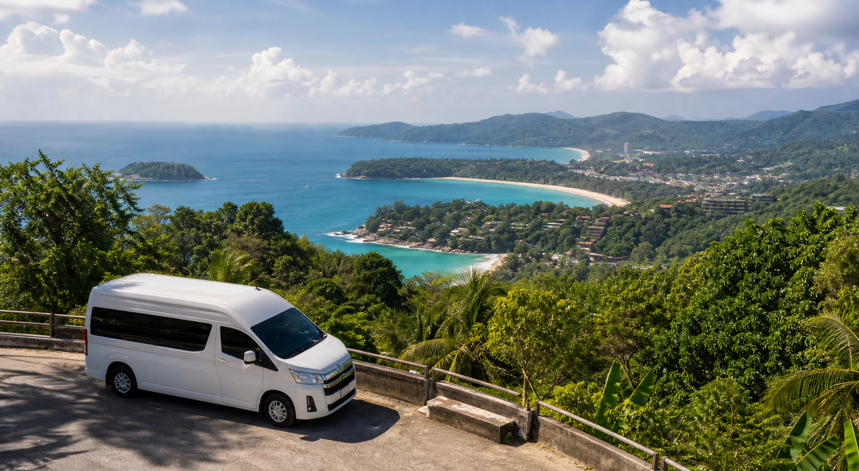 Phuket coastal viewpoint with sea and green hills on a private van route