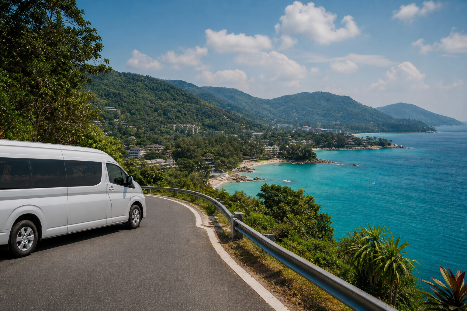 Phuket coastal viewpoint with sea and green hills on a private van route
