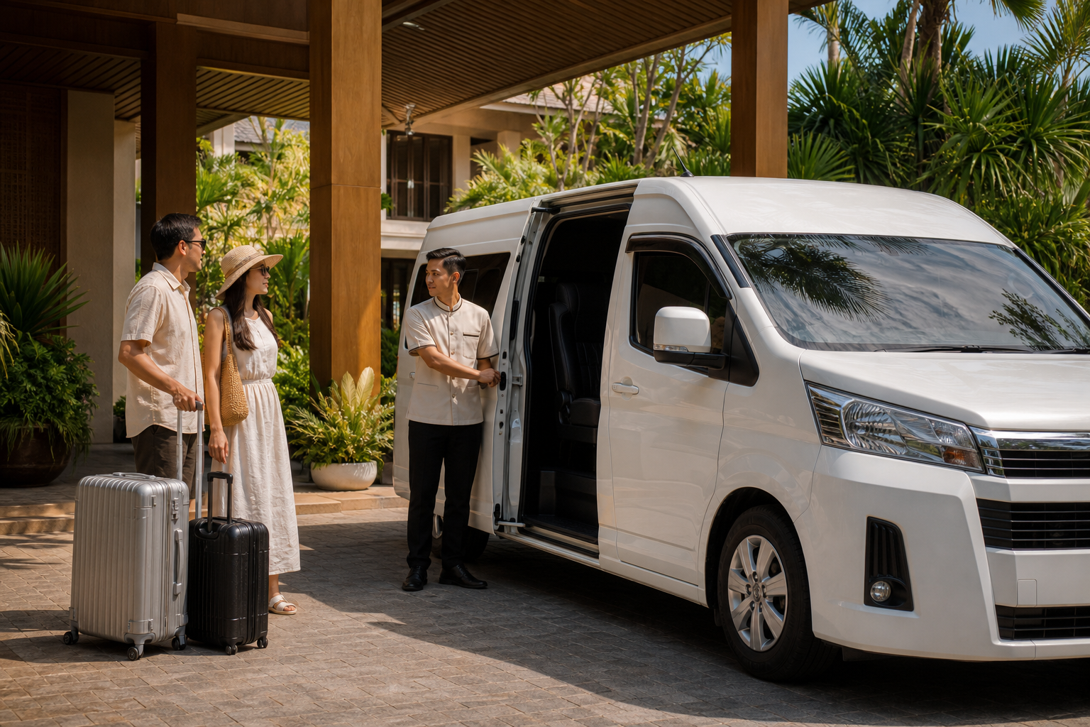 Hotel pickup luggage beside a private van during a Phuket route day