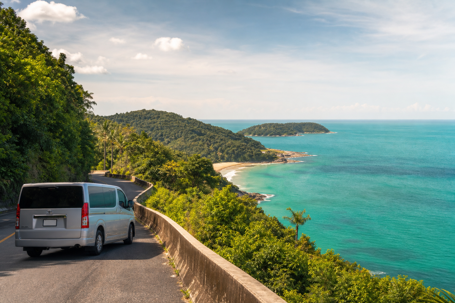 Phuket coastal viewpoint with sea and green hills on a private van route