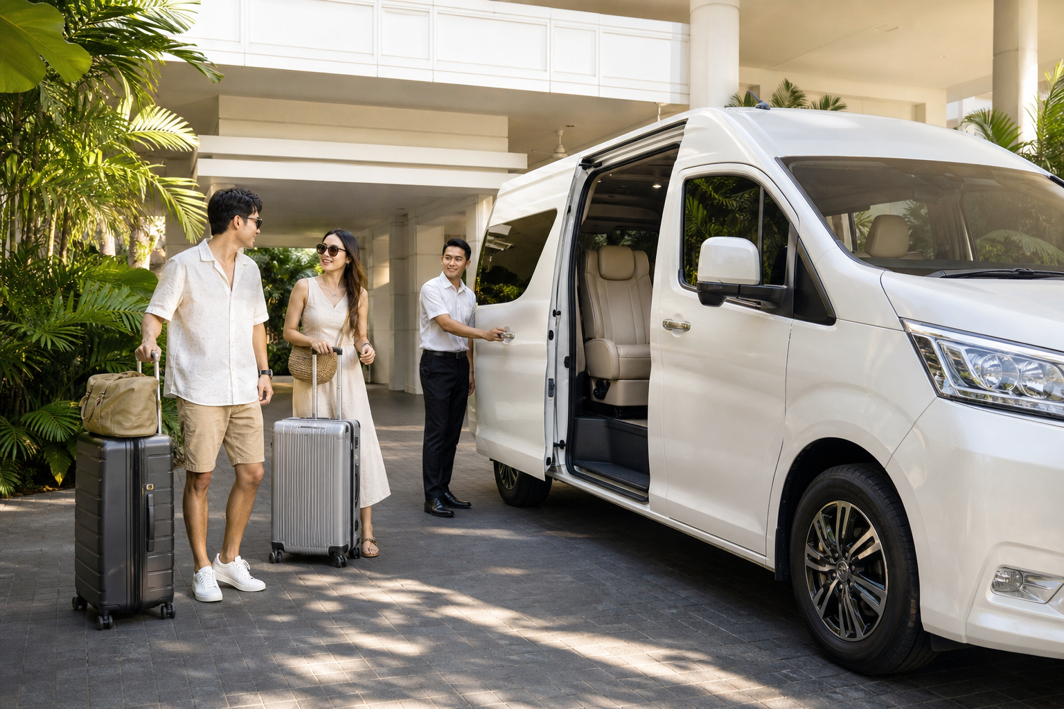 Hotel pickup luggage beside a private van during a Phuket route day